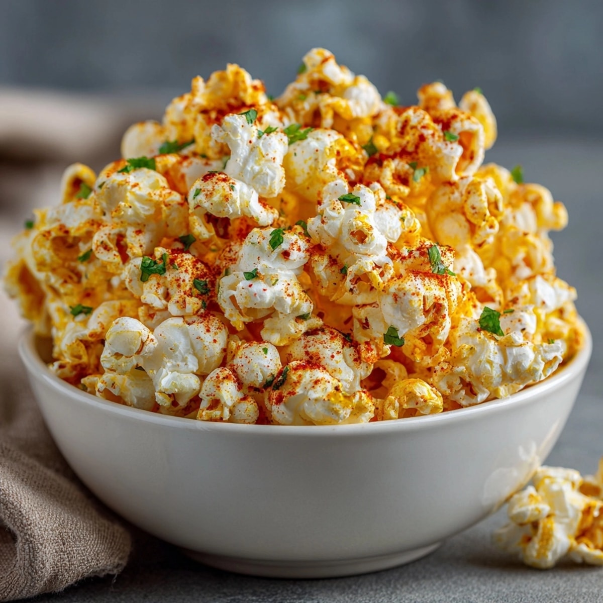 Pile of spicy nacho popcorn, cheesy and bright, ready to enjoy a movie.