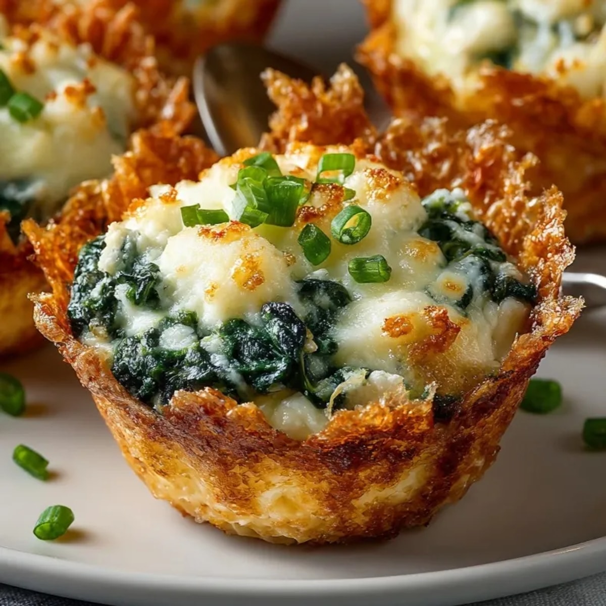 Golden, bubbly Baked Mozzarella Spinach Dip Cups, fresh from the oven and ready to serve.