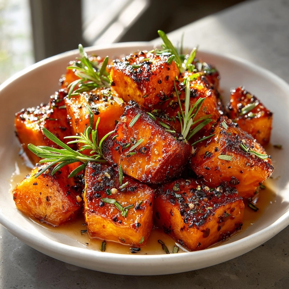 Golden Honey Roasted Sweet Potato Bites glistening; served warm and ready to enjoy.