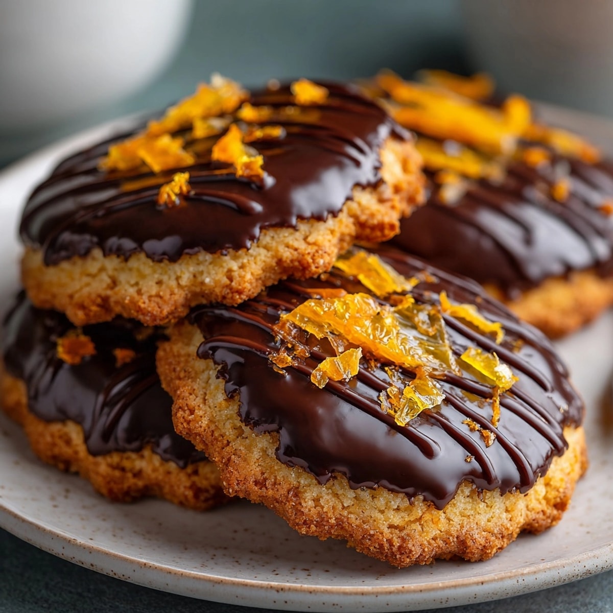 Crisp Chocolate Dipped Orange Shortbread cookies glistening; a holiday treat ready to enjoy.