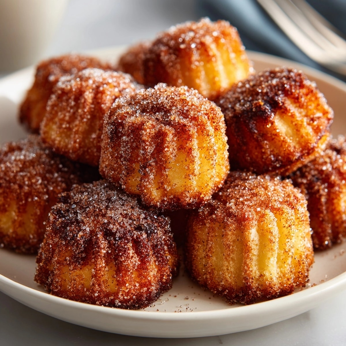 Golden mini cinnamon sugar churro bites, crispy fried and ready for dipping in chocolate.