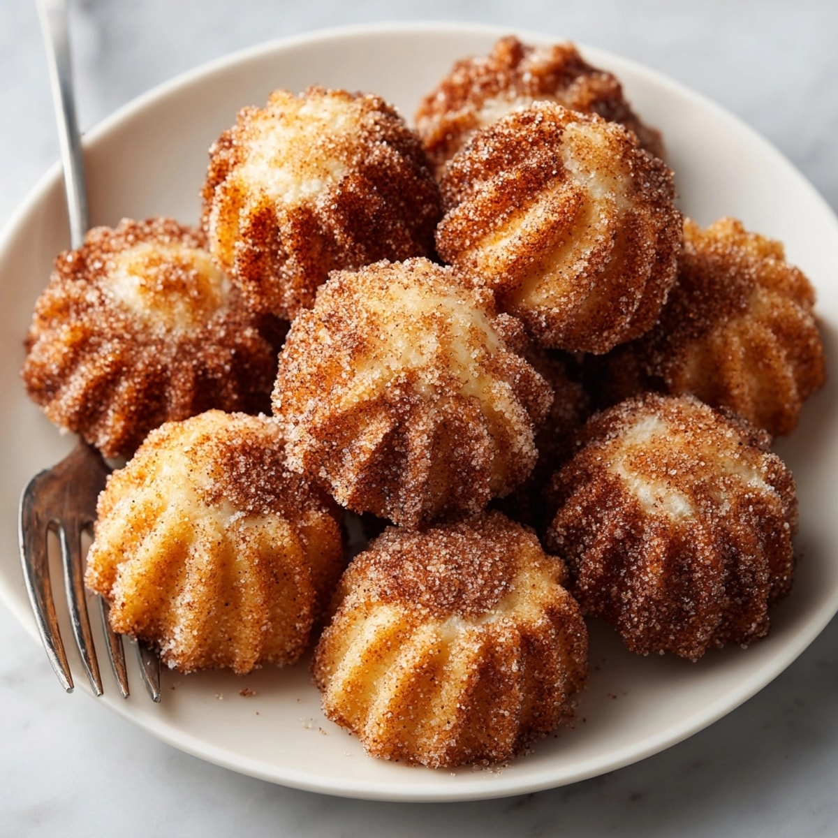 Homemade mini cinnamon sugar churro bites, a sweet, spiced dessert, perfect for sharing.