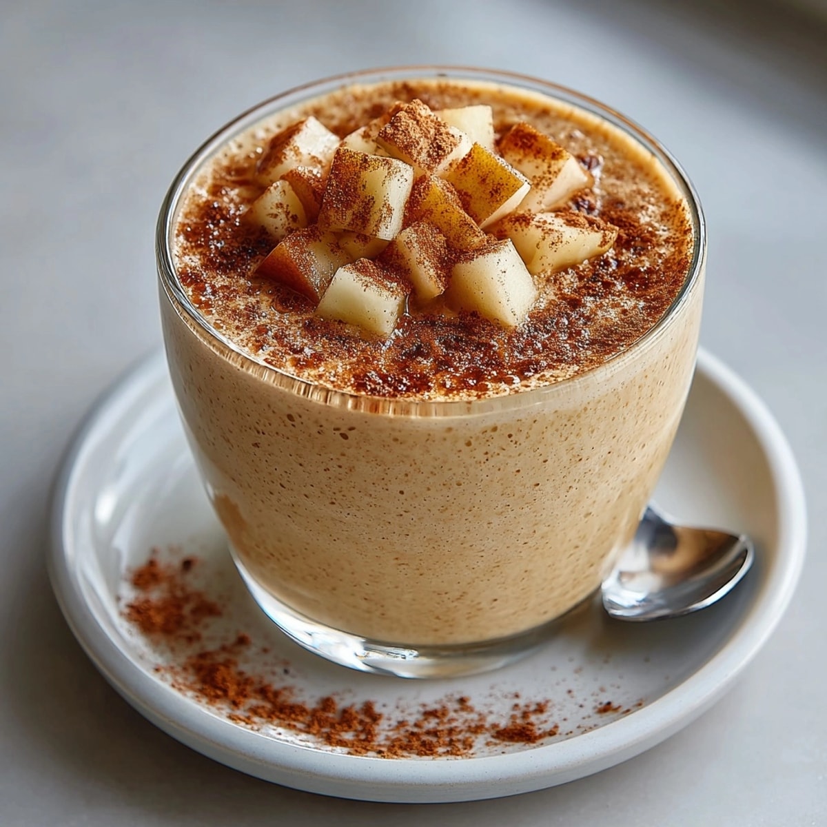 Creamy Spiced Pear & Vanilla Bean Smoothie, swirled with cinnamon and ready to blend.