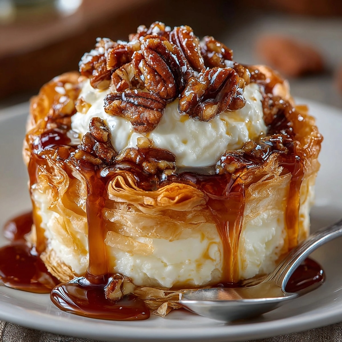 Golden, flaky Maple Pecan Brie Phyllo Cups, garnished with pecans, ready to serve.