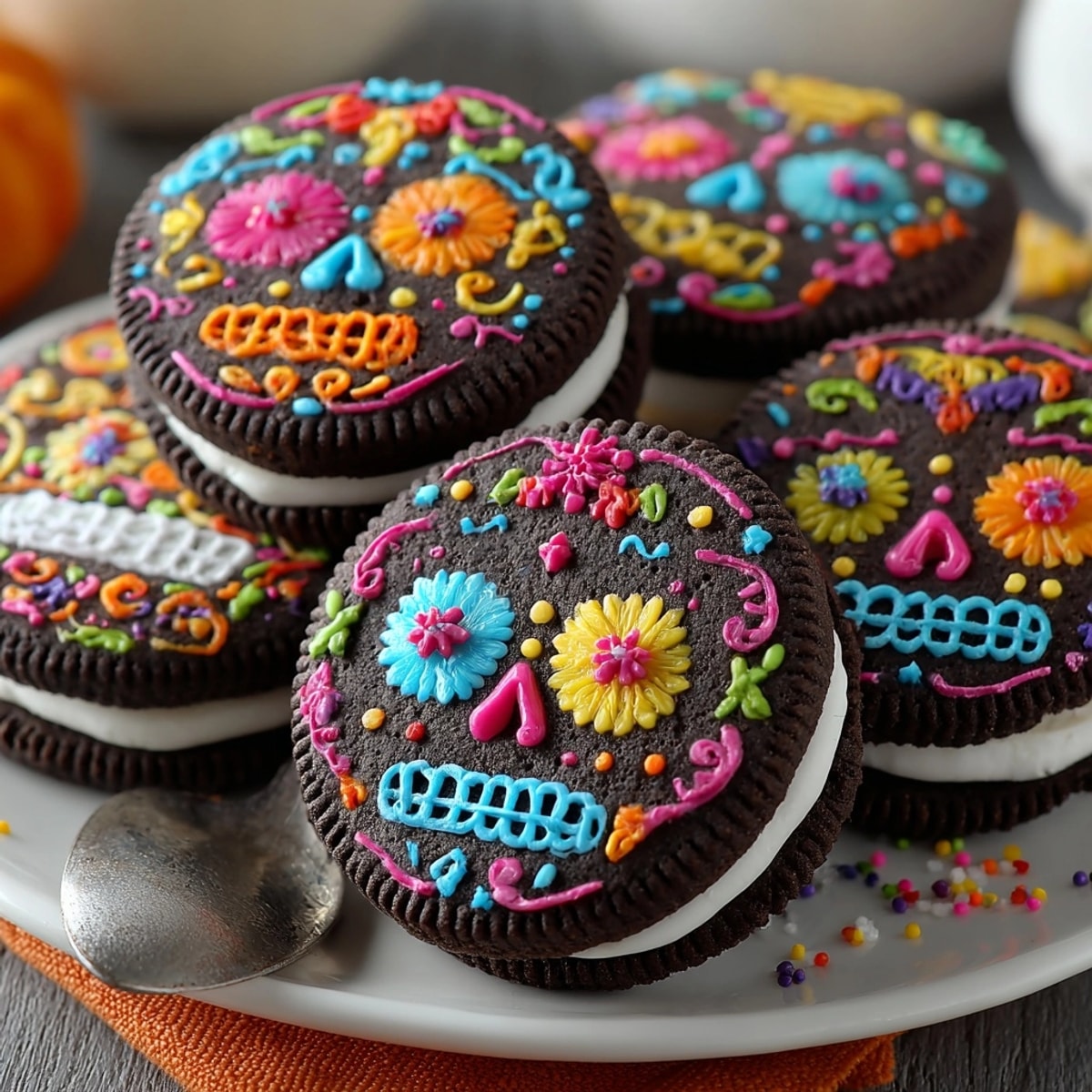 Close-up of vibrantly decorated Sugar Skull Oreos, iced in cheerful colors.