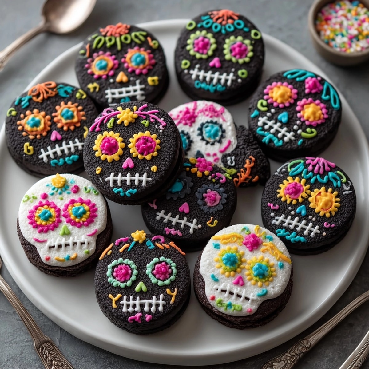 Detailed view of colorful royal icing decorating Sugar Skull Oreos for celebration.