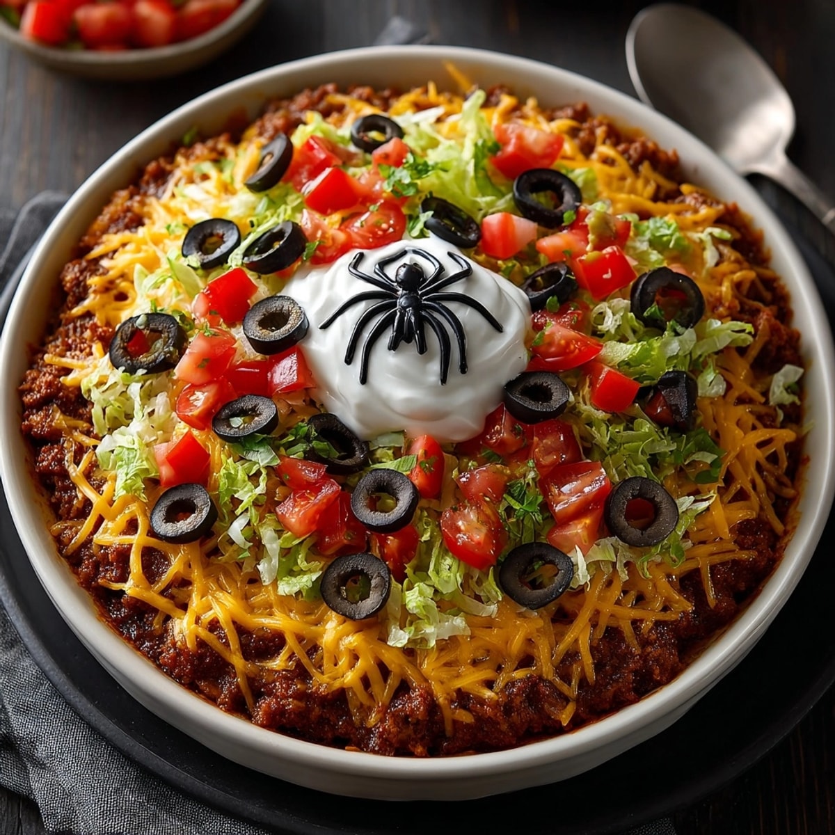 Layered Tex-Mex Spiderweb 7-Layer Taco Dip, decorated with a piped sour cream spiderweb design.
