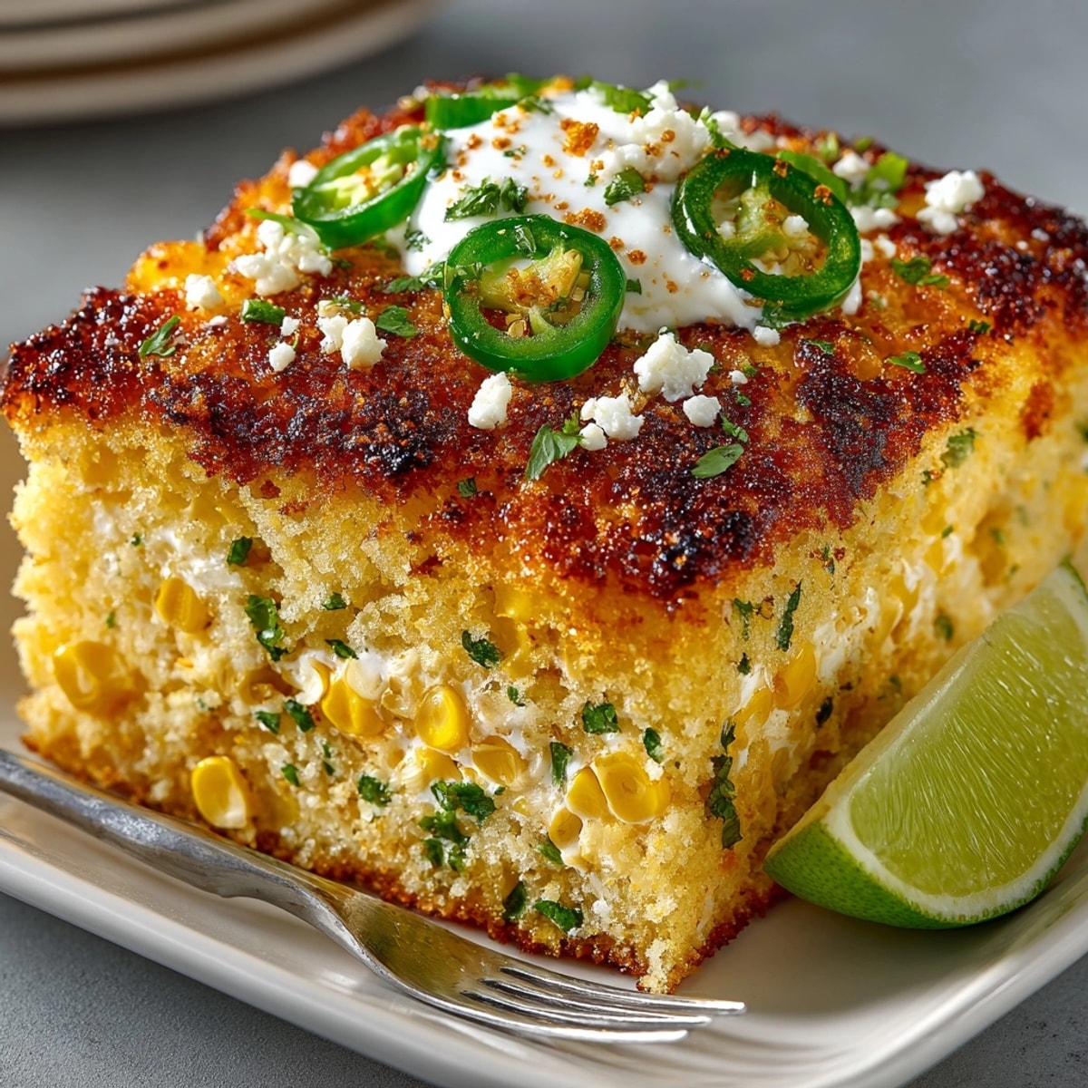 Golden Elote-Style Cornbread, flecked with green cilantro and chili, ready for a savory bite.