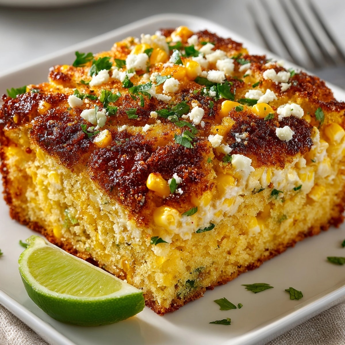 Freshly baked Elote-Style Cornbread, topped with crumbled cotija and juicy lime wedges.