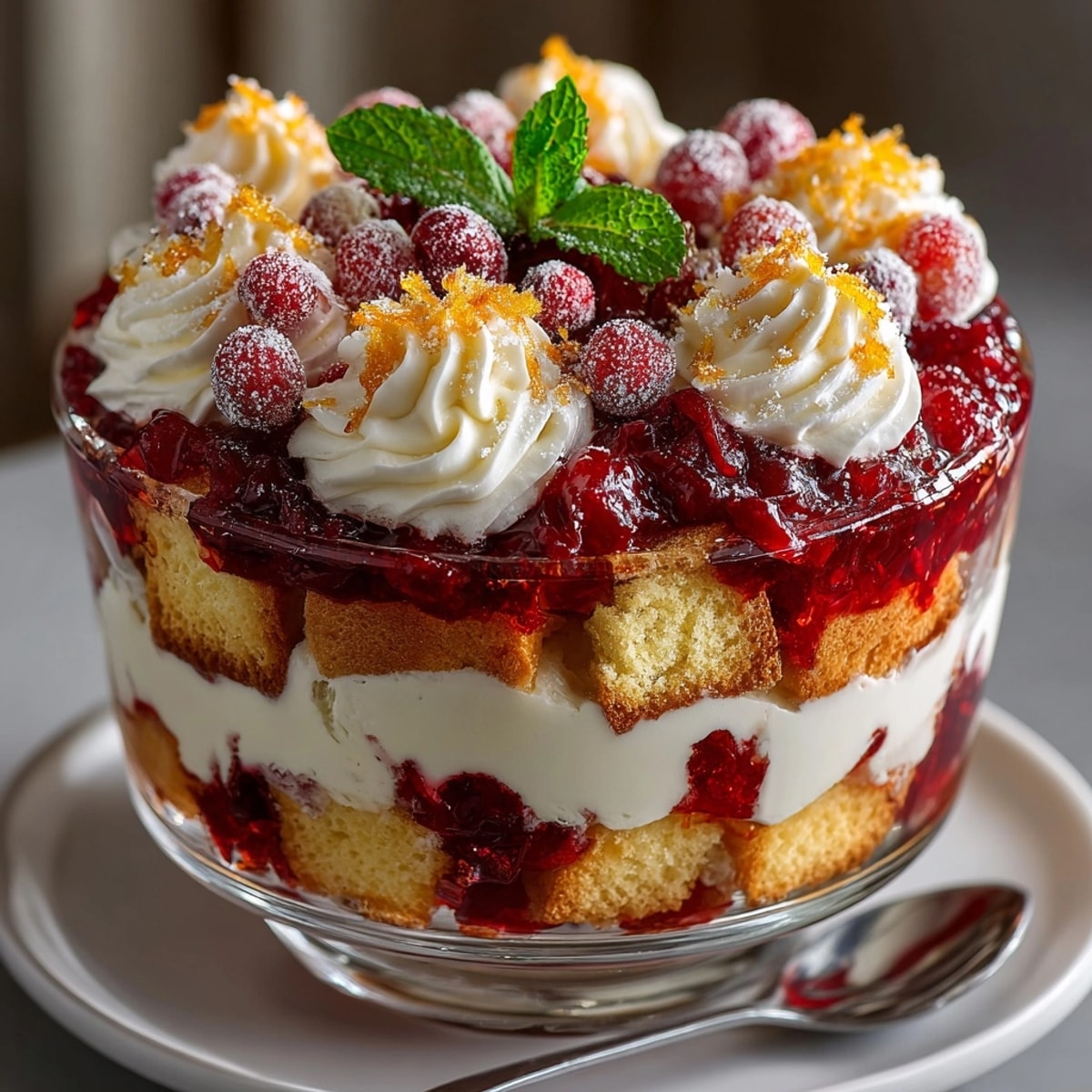 Close-up of vibrant Cranberry Orange Trifle showing layers of cake, pudding, and compote.
