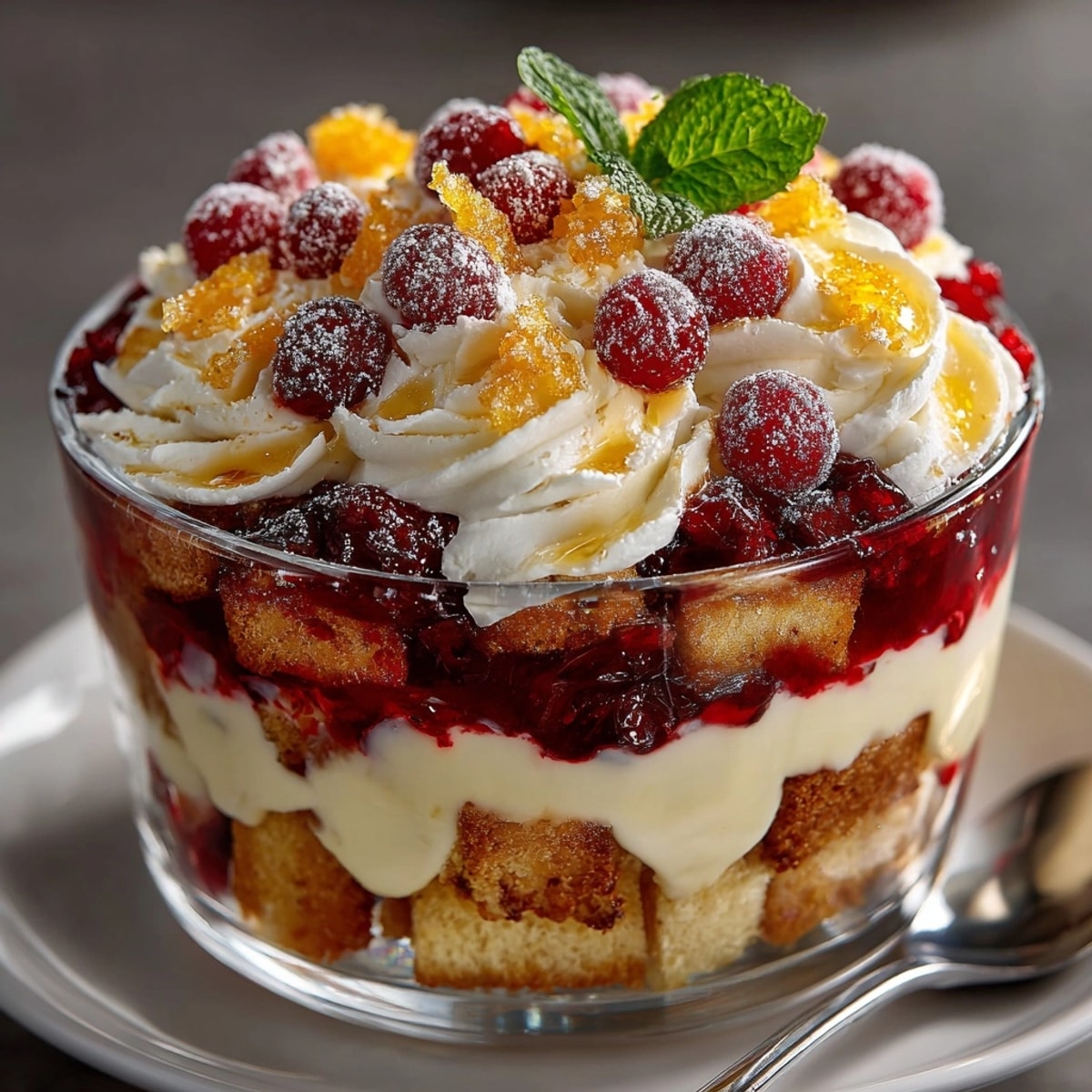 A festive Cranberry Orange Trifle with sugared cranberries; creamy, tangy, and delicious.