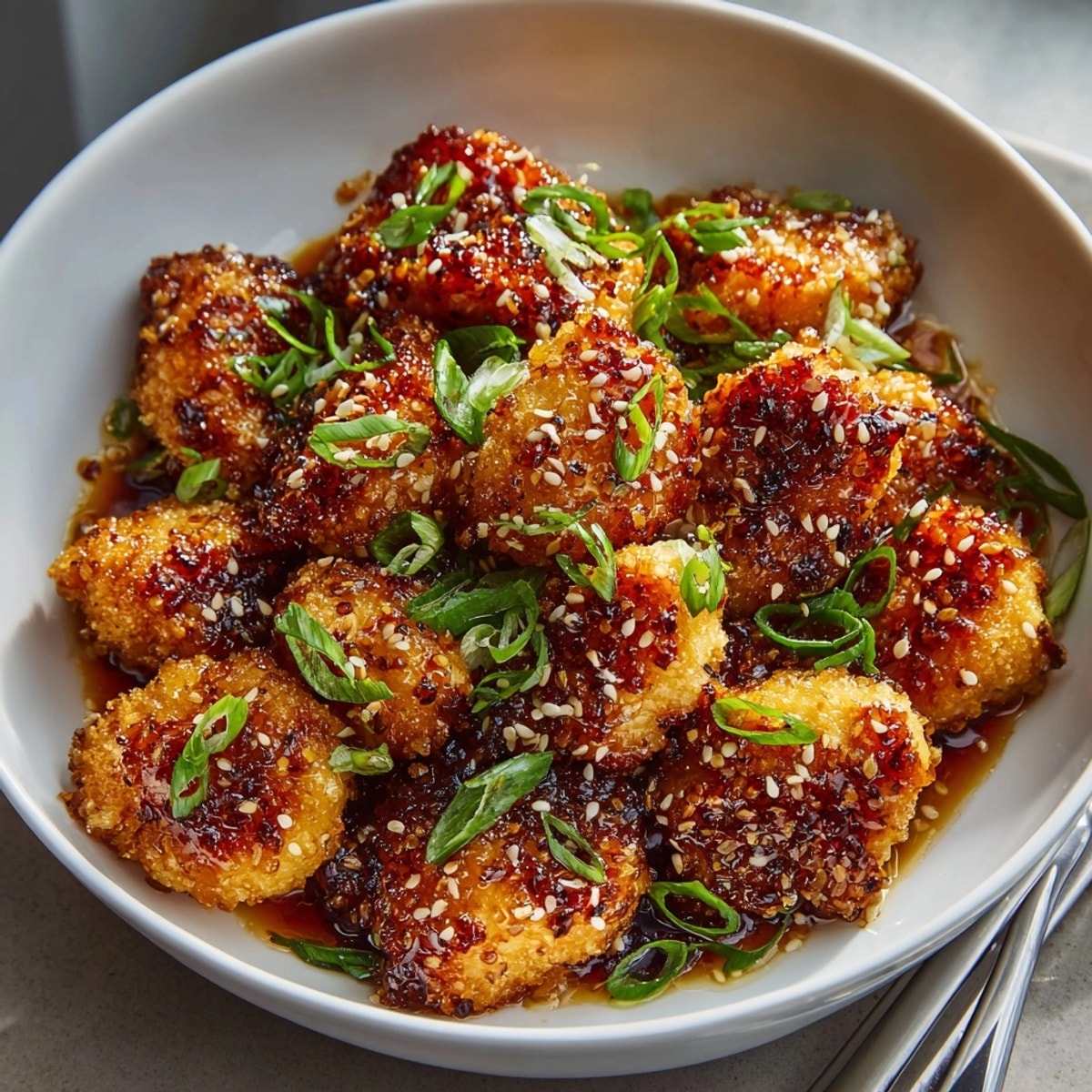 Golden, pan-fried Sticky Ginger Sesame Chicken glistening with a freshly made, aromatic glaze.