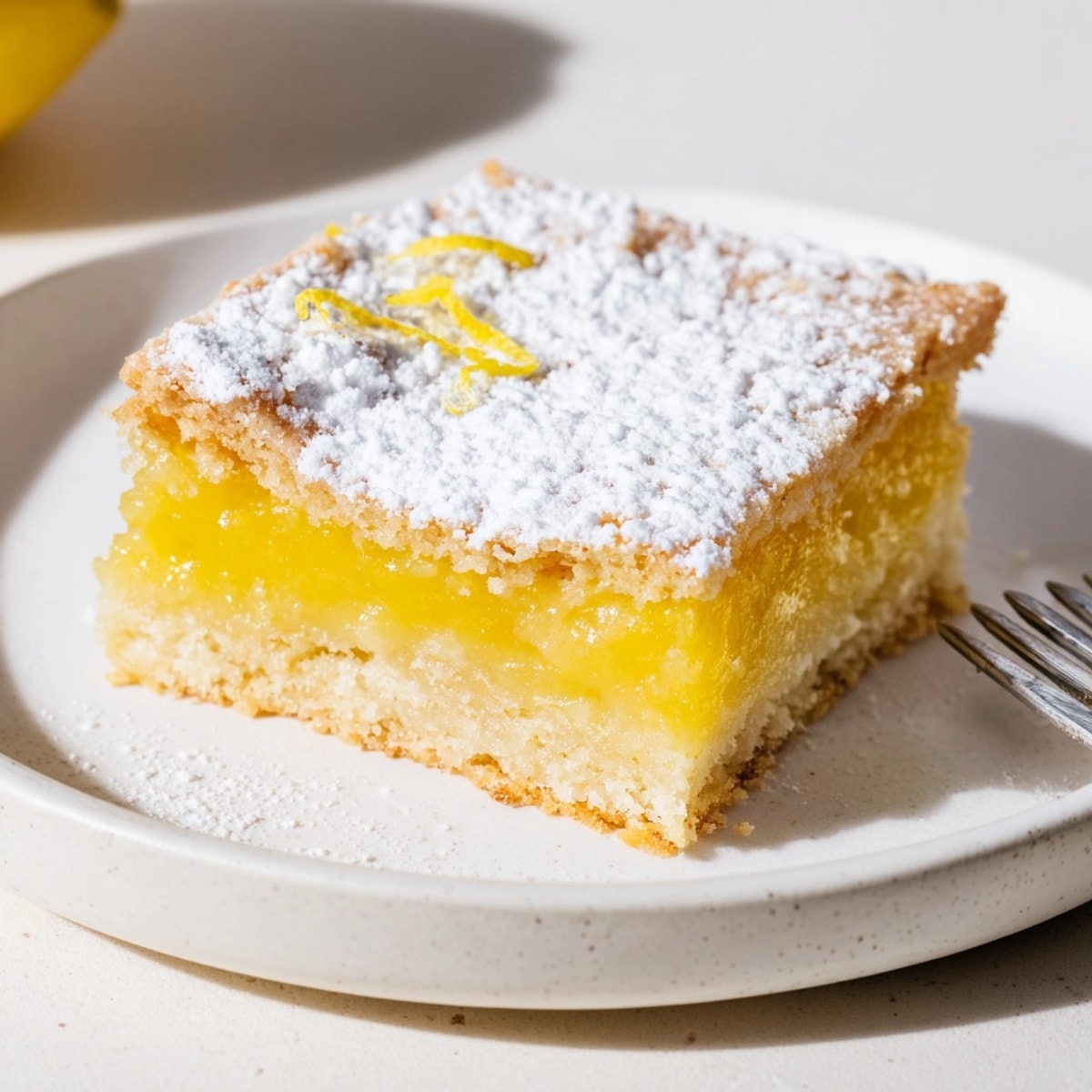 Golden lemon bars, dusted with powdered sugar, offer a sweet and tart citrus bite.