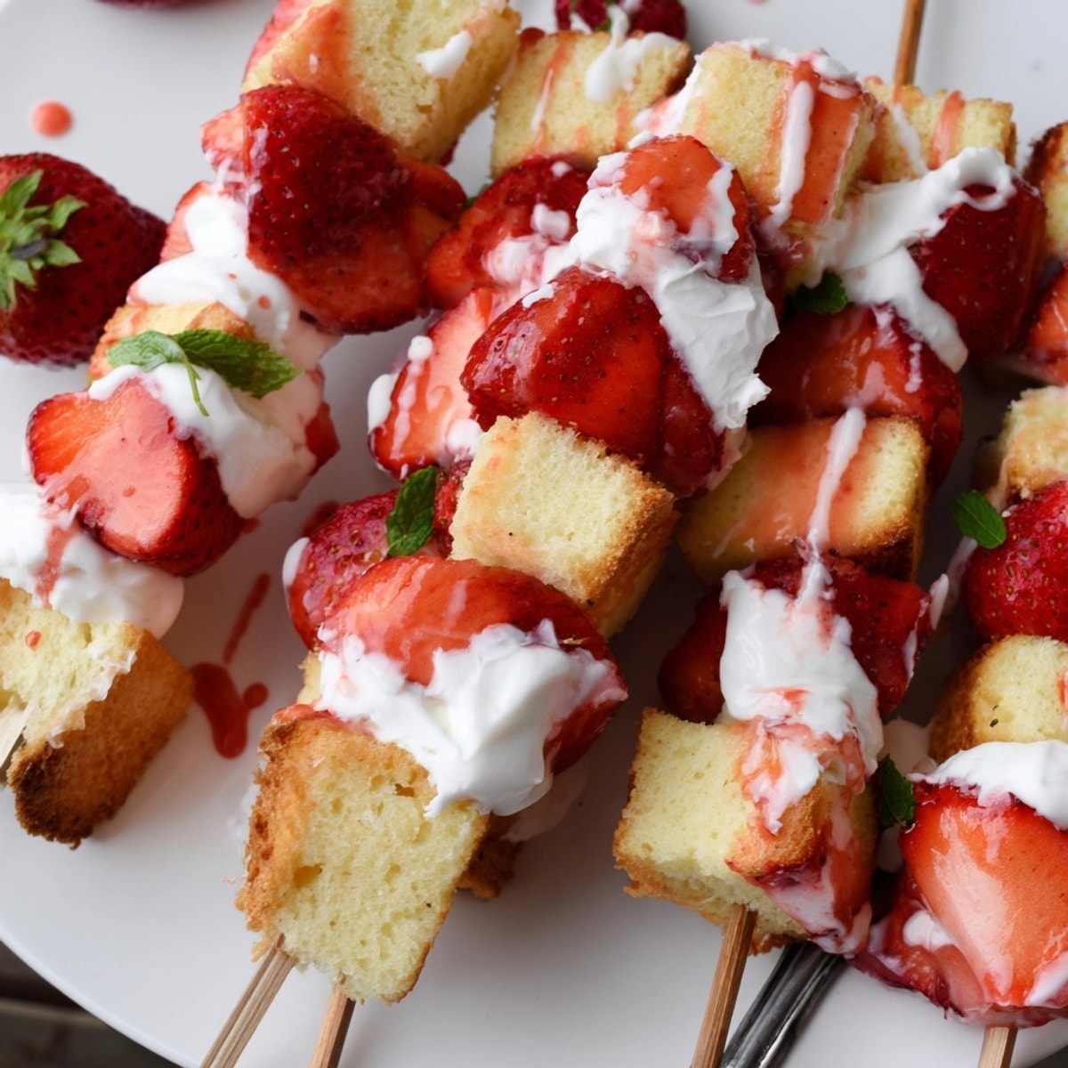 Bright and cheerful Strawberry Shortcake Skewers: pound cake and fresh berry deliciousness, drizzled beautifully.