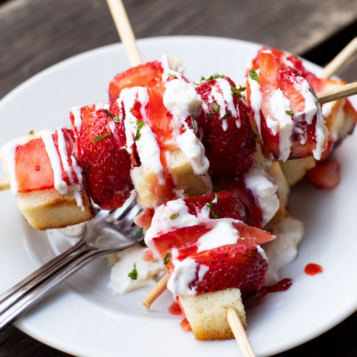 Golden pound cake contrasts with dripping cream on these irresistible homemade Strawberry Shortcake Skewers.