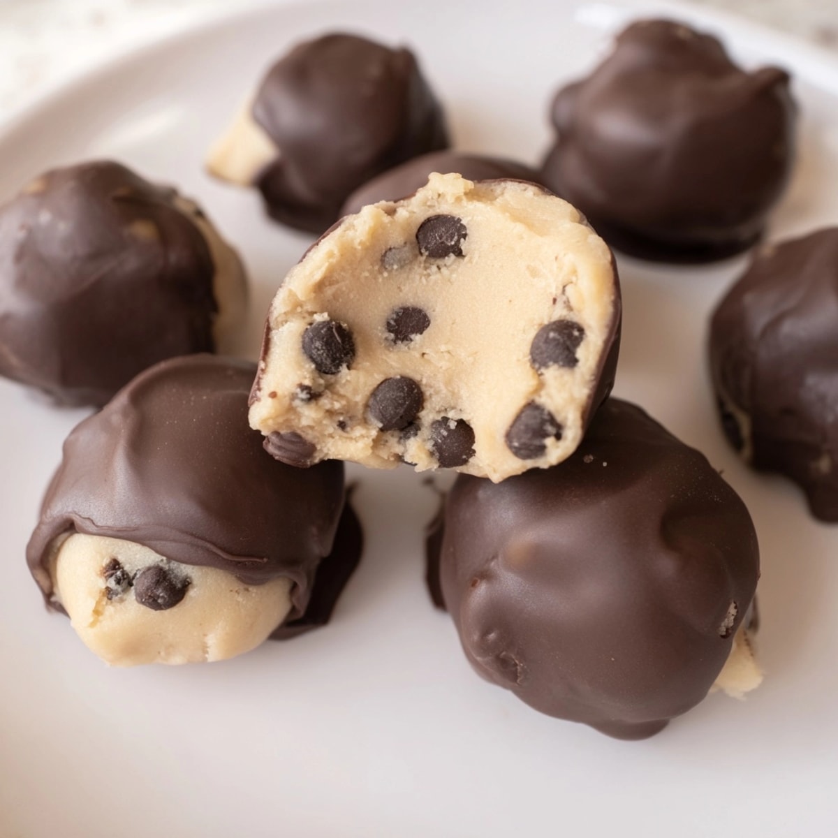 Homemade Cookie Dough Bites coated in rich, melted chocolate, ready for easy serving.