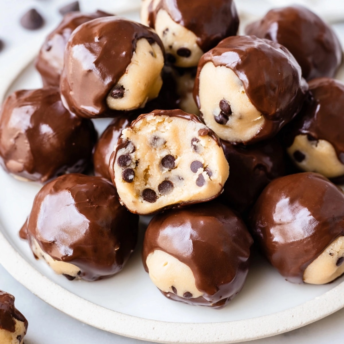 Delectable no-bake Cookie Dough Bites glistening with smooth semi-sweet chocolate, chilled to perfection.