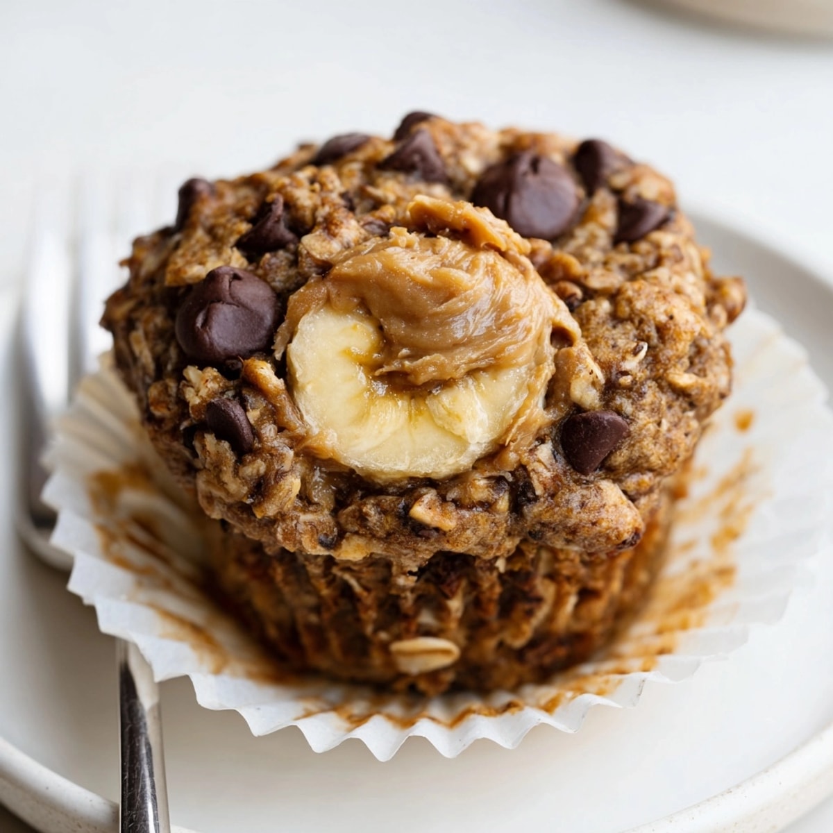 Golden Peanut Butter Banana Oat Muffins warm from the oven, ready to eat.