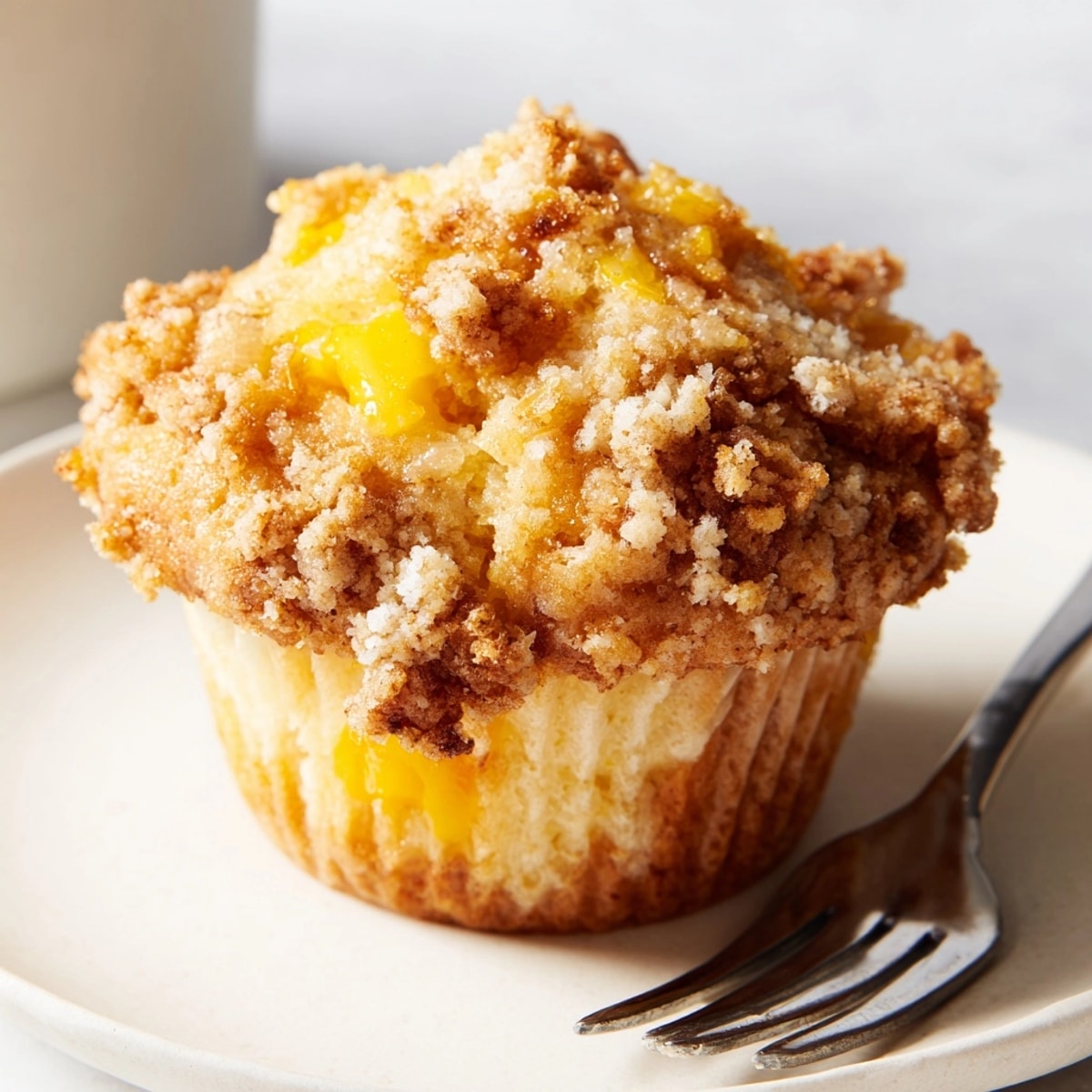 Golden brown Mango Lemon Ricotta Muffins with diced mango pieces visible inside.