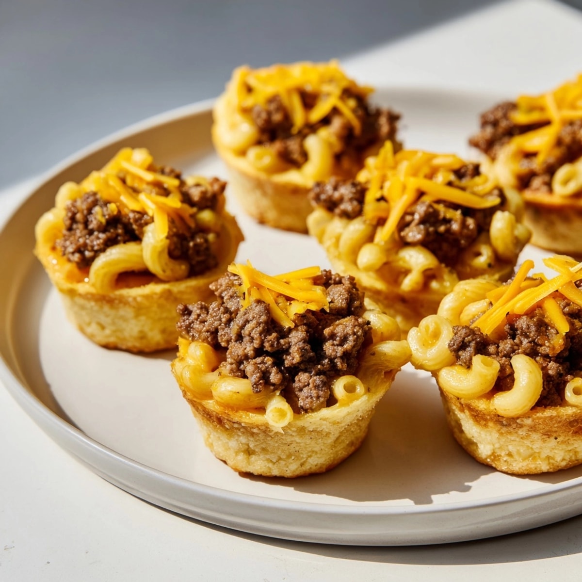 Savory ground beef topped with golden mac and cheese in these Cheeseburger Cups.