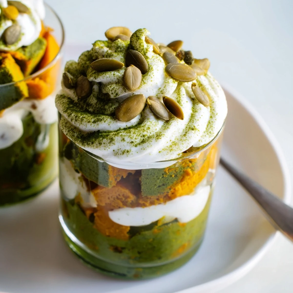 Delicious Matcha Pumpkin Muffin Trifles topped with whipped cream and seasonal spices.  