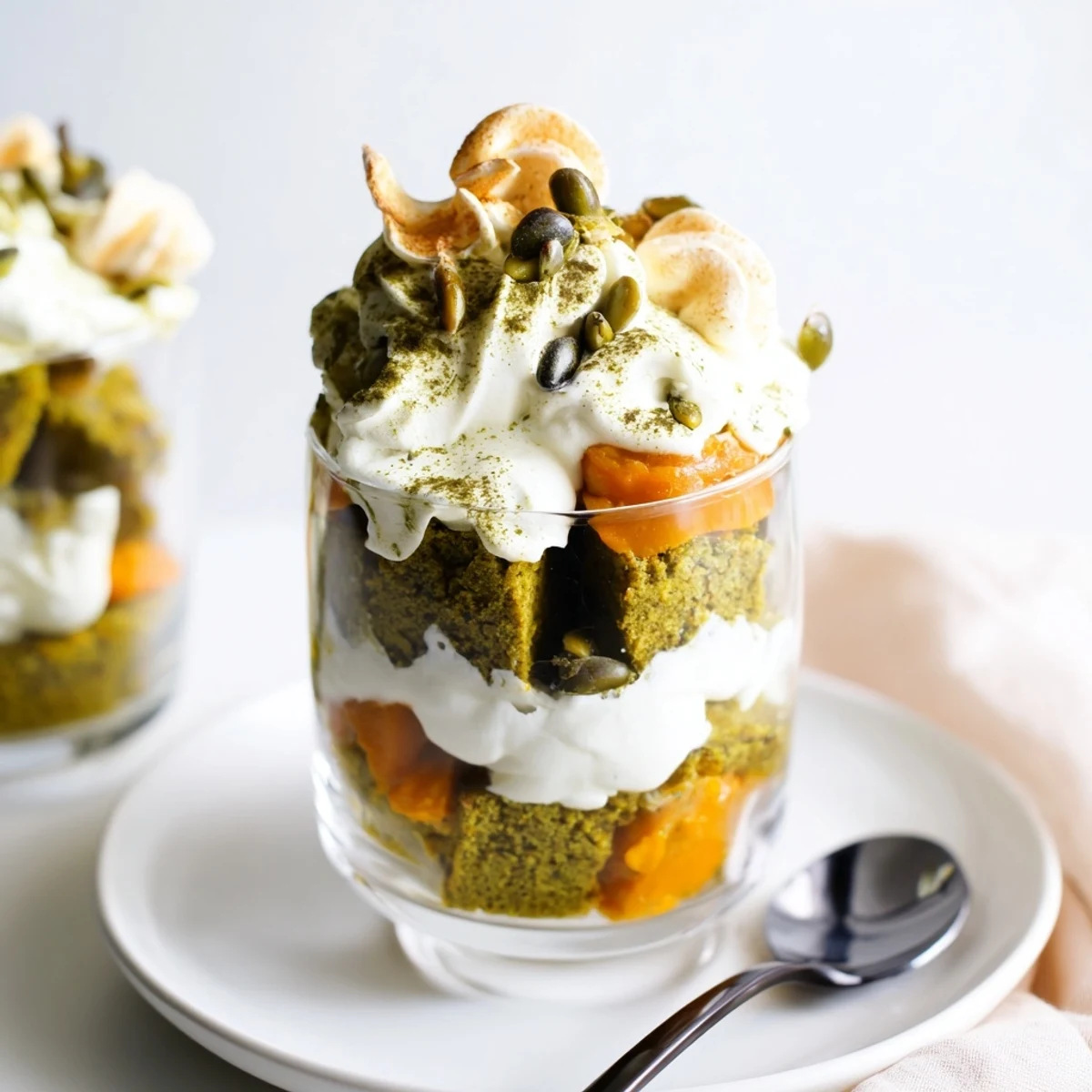 Satisfying dessert with Matcha Pumpkin Muffin Trifles, featuring creamy pumpkin and matcha layers.
