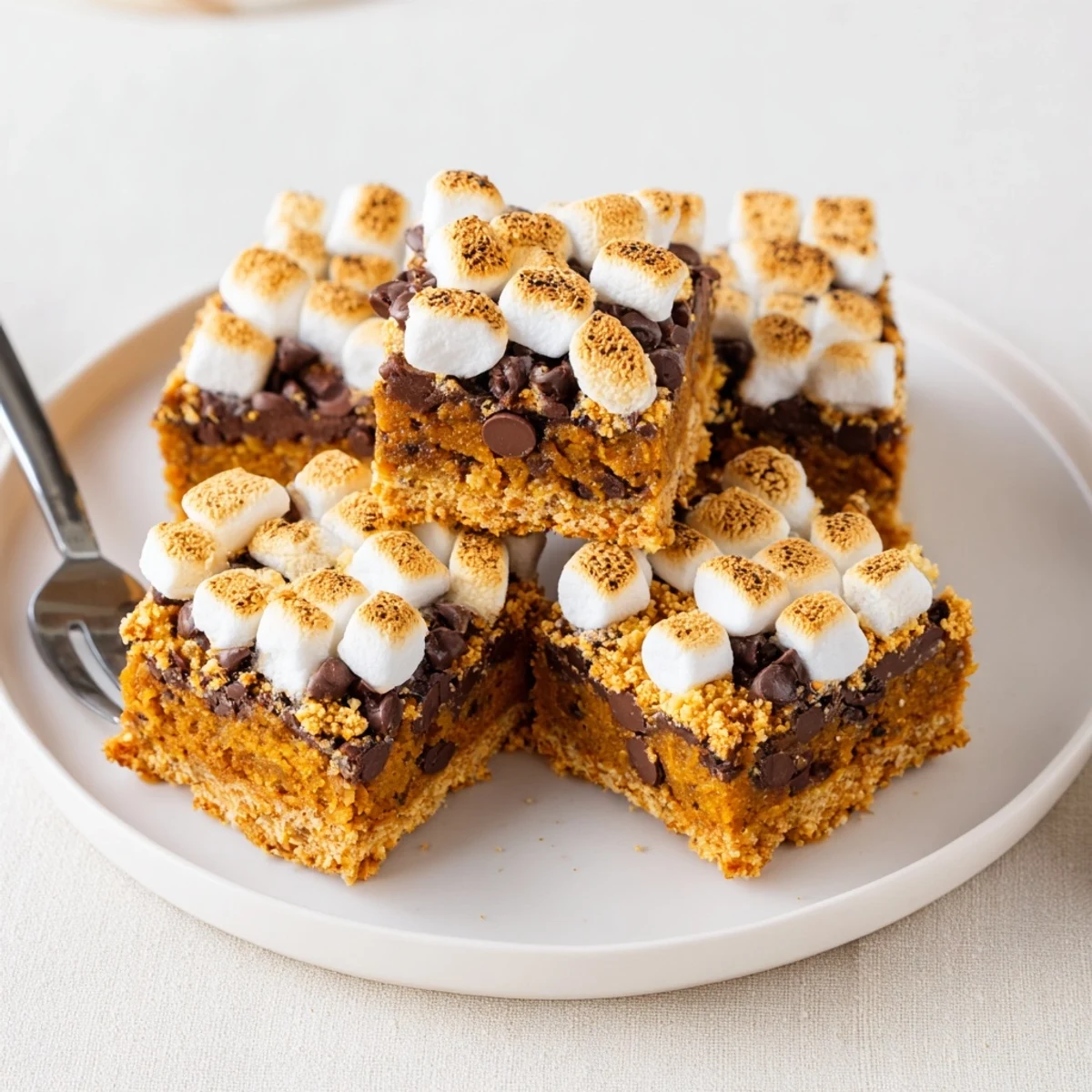 Delicious pumpkin muffin s’mores bars showcasing a gooey center and rich chocolate flavor.  