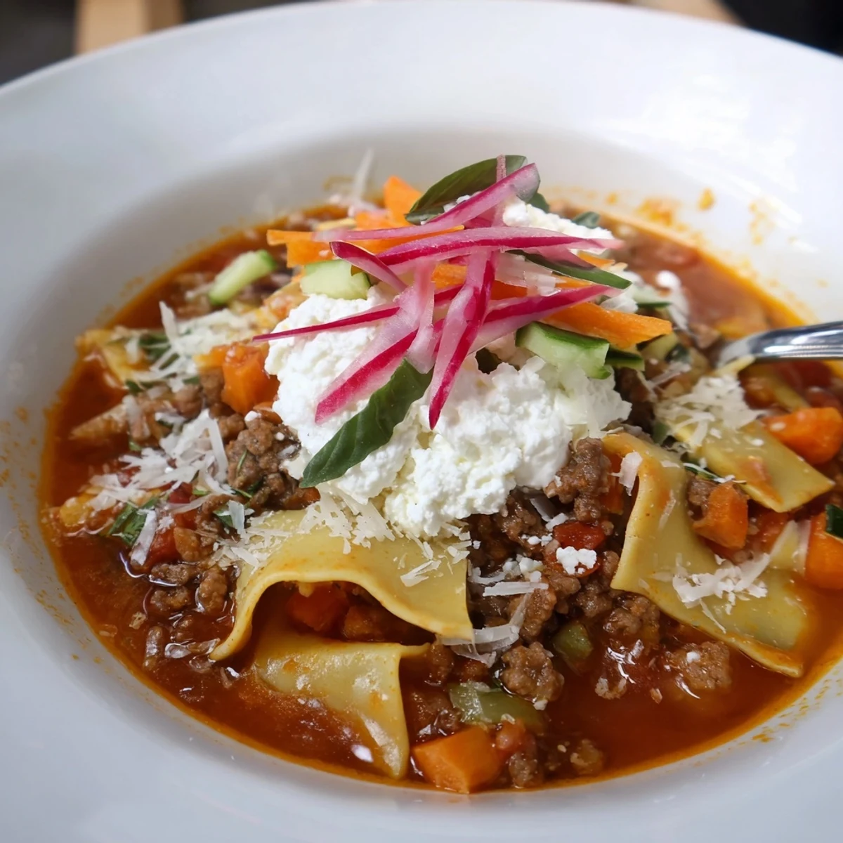 Warm lasagne soup brimming with flavors and topped with tangy pickled carrots.