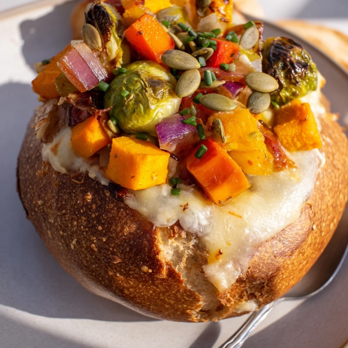 Creamy Thanksgiving Veggie Stuffed Dip Bowls topped with vibrant roasted vegetables and chives.
