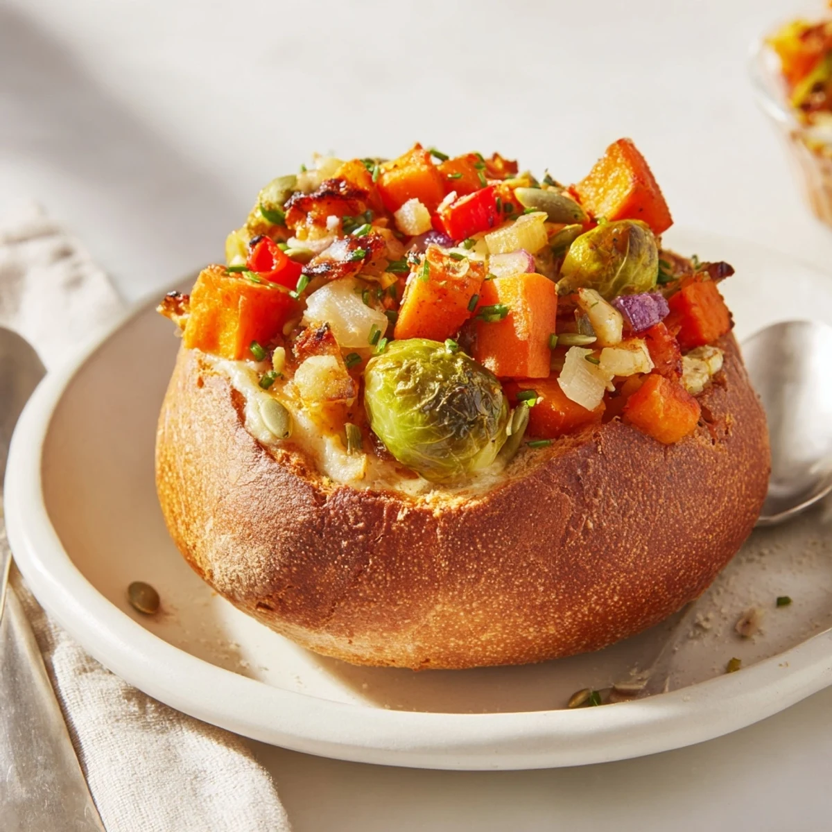 Sourdough bread bowls filled with Thanksgiving Veggie Stuffed Dip, a warm, cheesy delight.