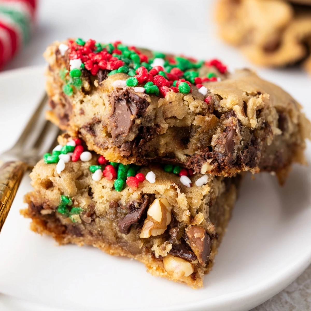 Delicious festive Christmas cookie chocolate chip bars topped with vibrant sprinkles enticingly.