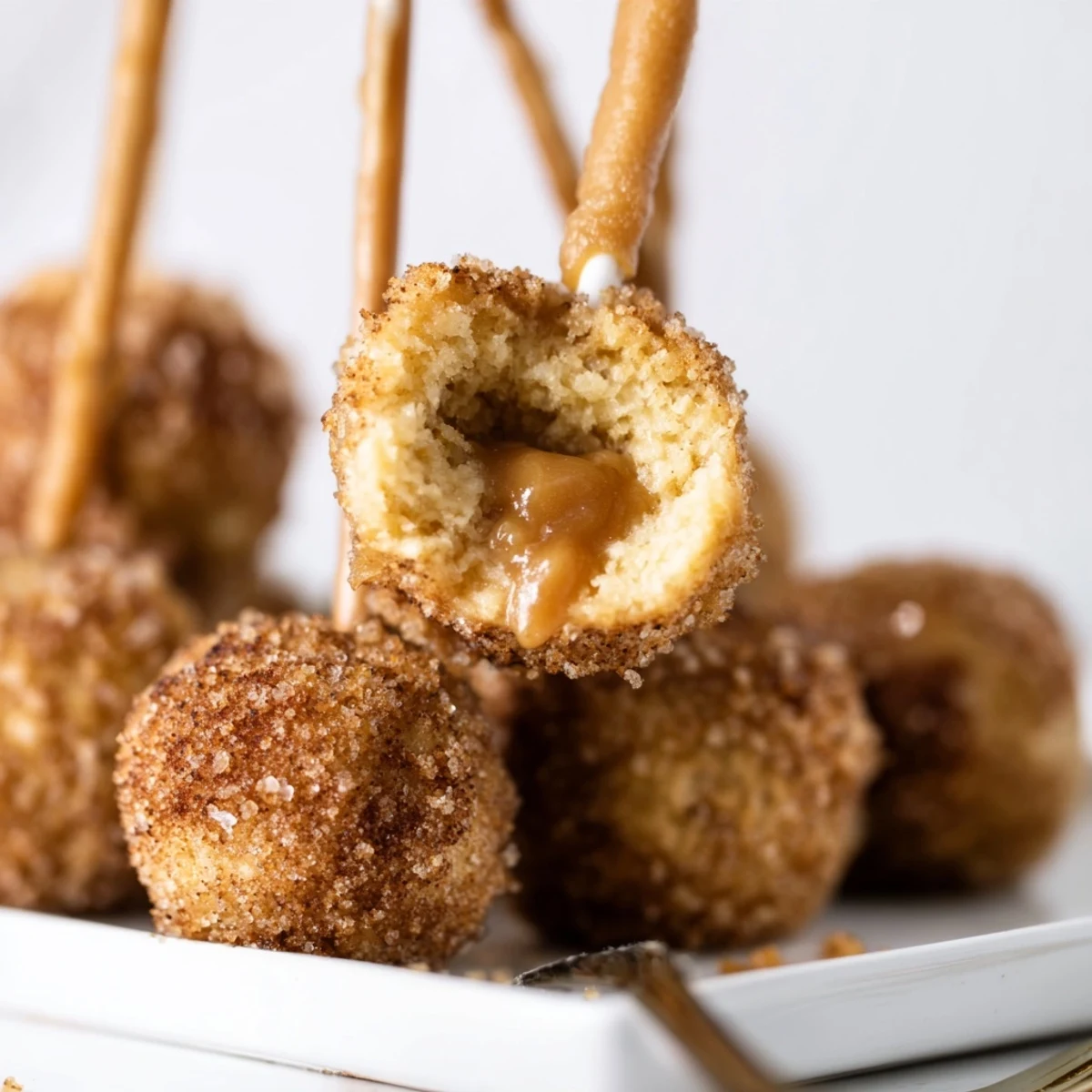 Soft Chai Caramel Cinnamon Sugar Muffin Pops with gooey caramel centers and crunchy coating.