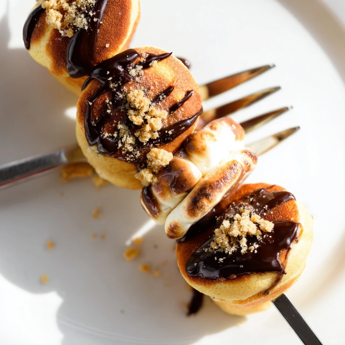 Fluffy s'mores pumpkin cheesecake pancake muffin skewers drizzled with melted chocolate.