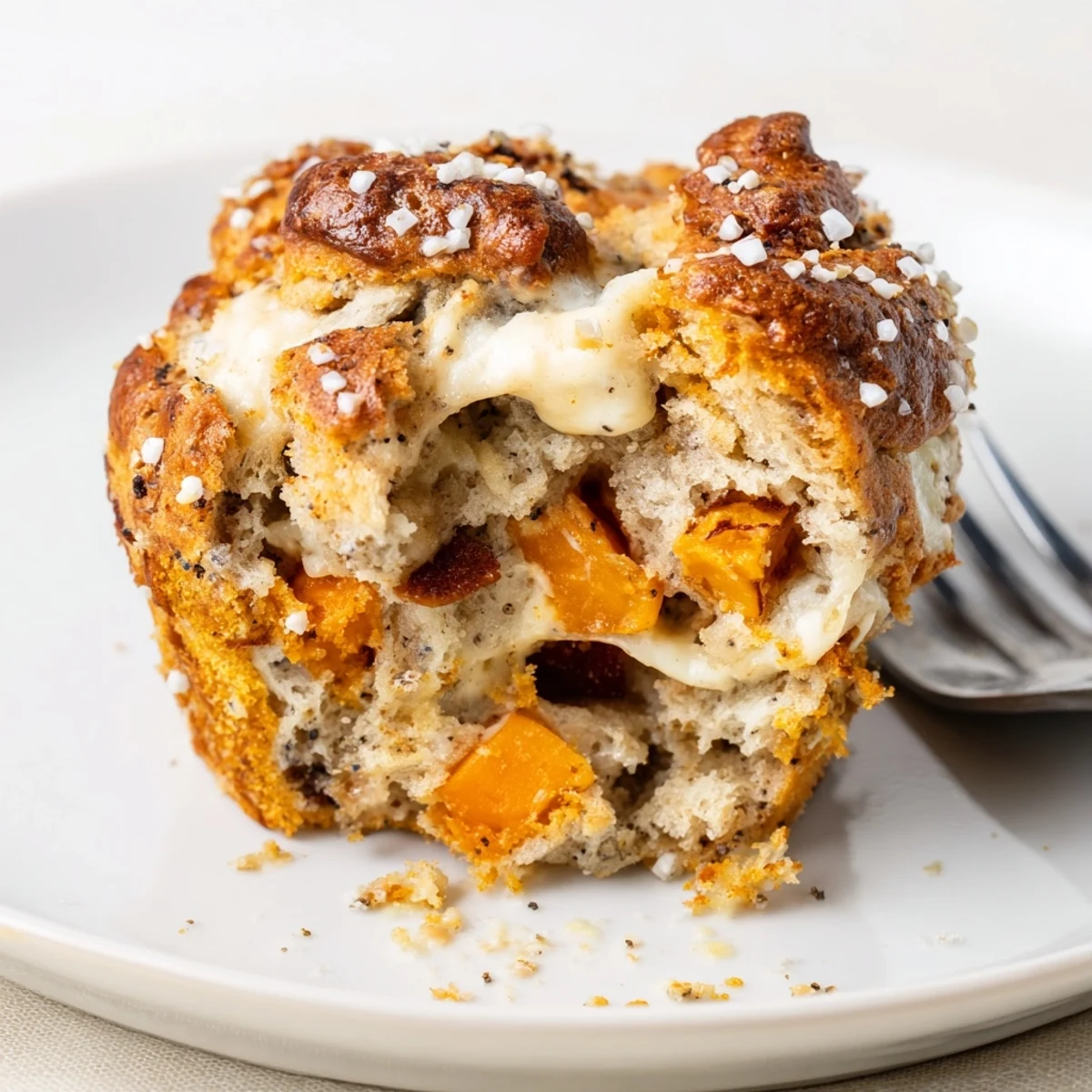 Savory, roasted sweet potato cheddar muffins with a delightful pretzel-inspired topping.