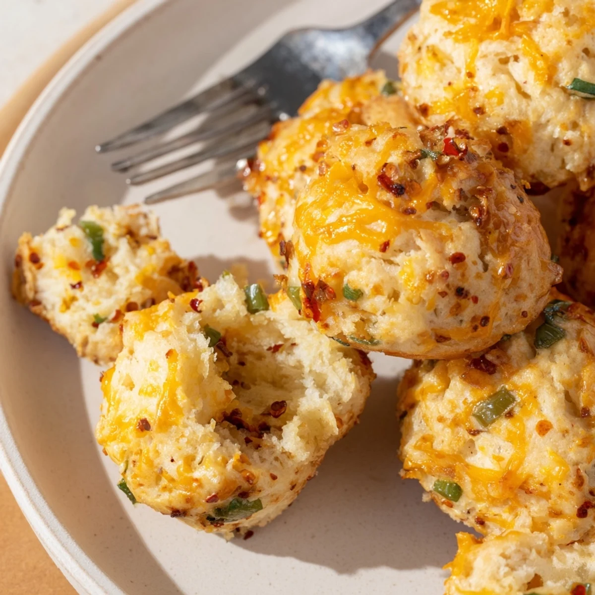 Fluffy Cheesy Jalapeño Chili Garlic Biscuit Muffin Balls, golden and savory, just baked.