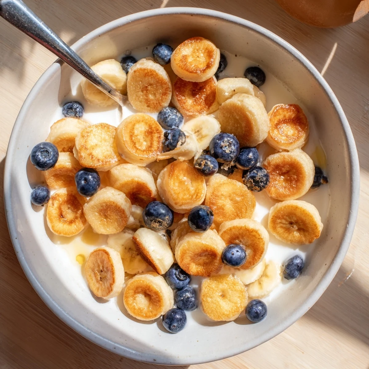 Bite-sized pancake cereal floating in milk, perfect for a cozy breakfast experience.  