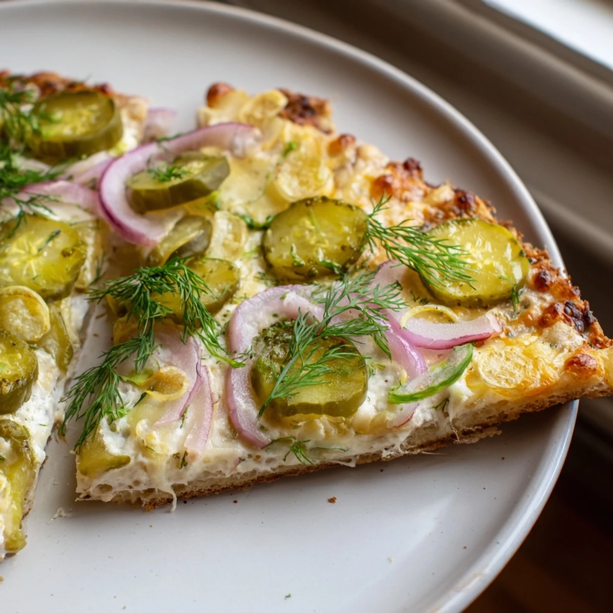 Unique Pickle Pizza baked to golden perfection, drizzled with fresh dill on top.  