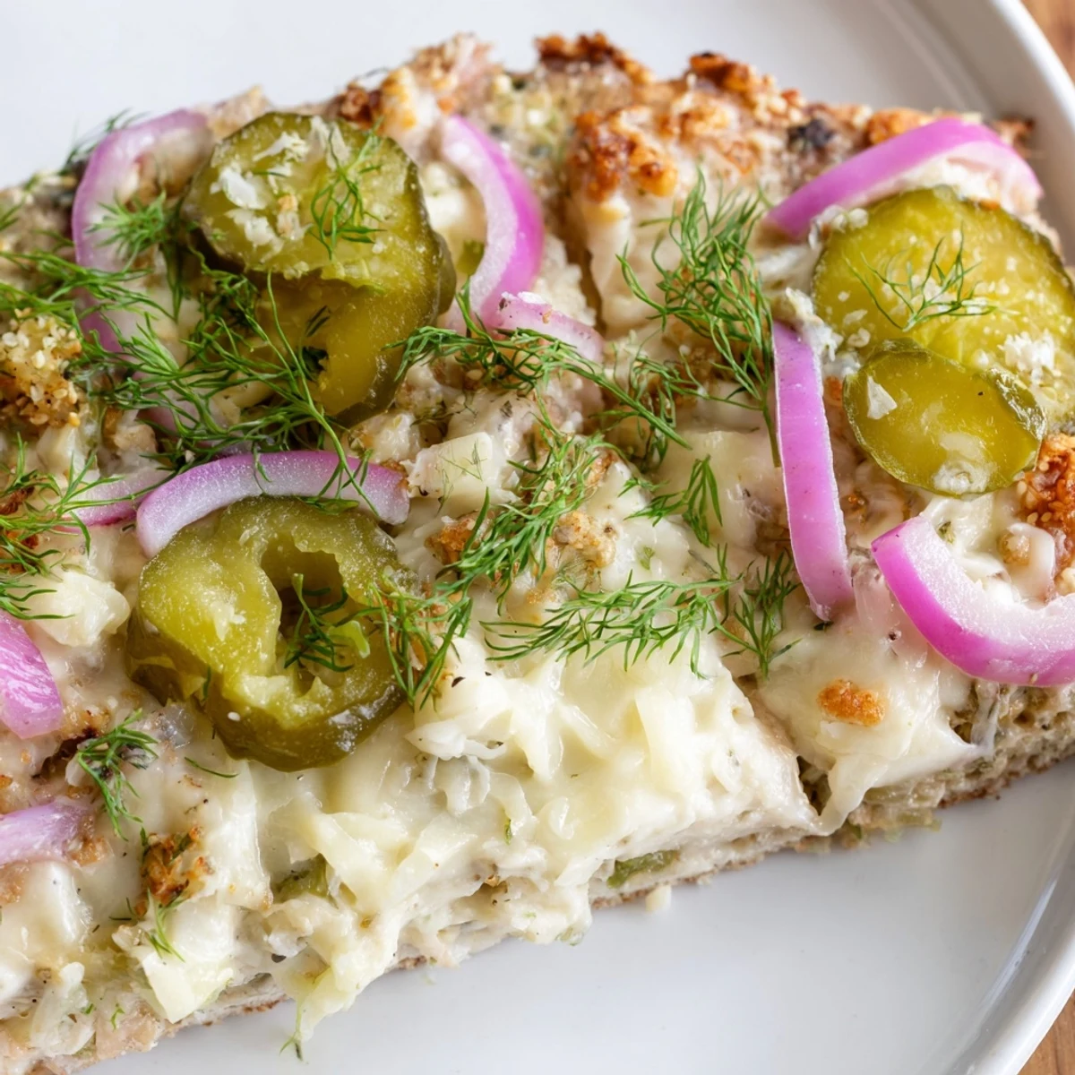Tangy Pickle Pizza with rich crème fraîche and a bubbly mozzarella layer.