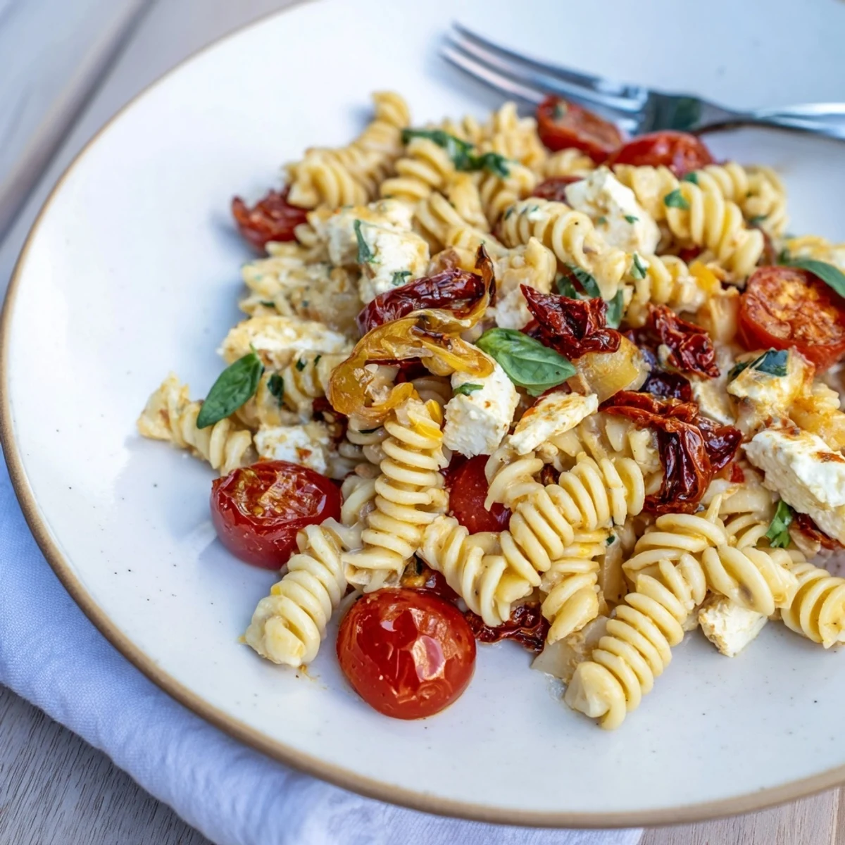 Creamy Baked Feta Pasta topped with caramelized onions and fresh basil drizzled with olive oil.  
