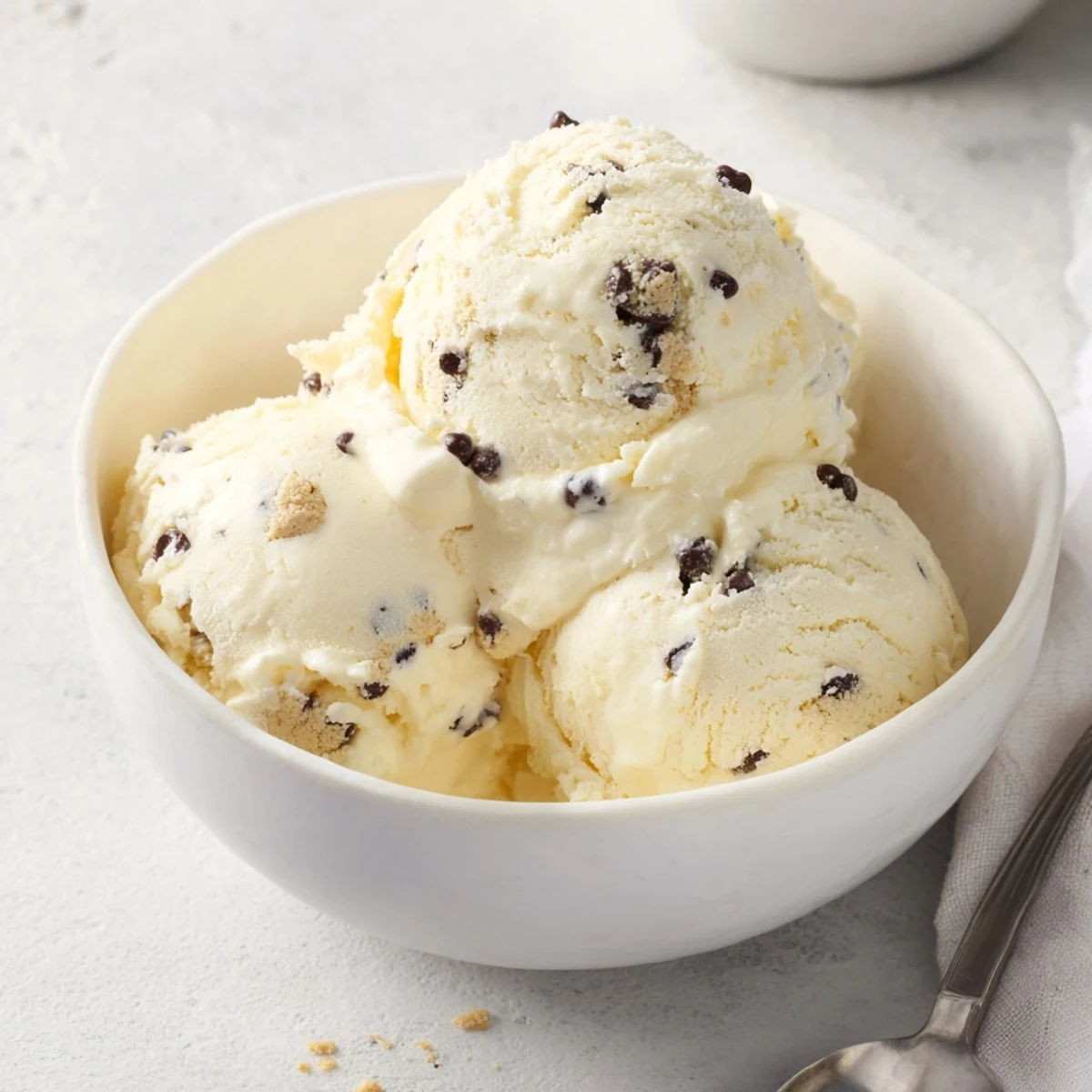 Guilt-free cottage cheese ice cream featuring rich cookie dough and chocolate chips.