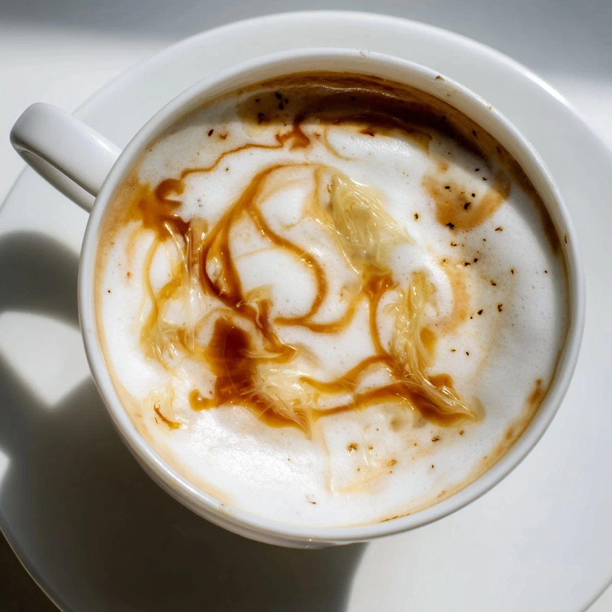 Caramelized onion latte topped with frothy milk, a unique coffee experience.  