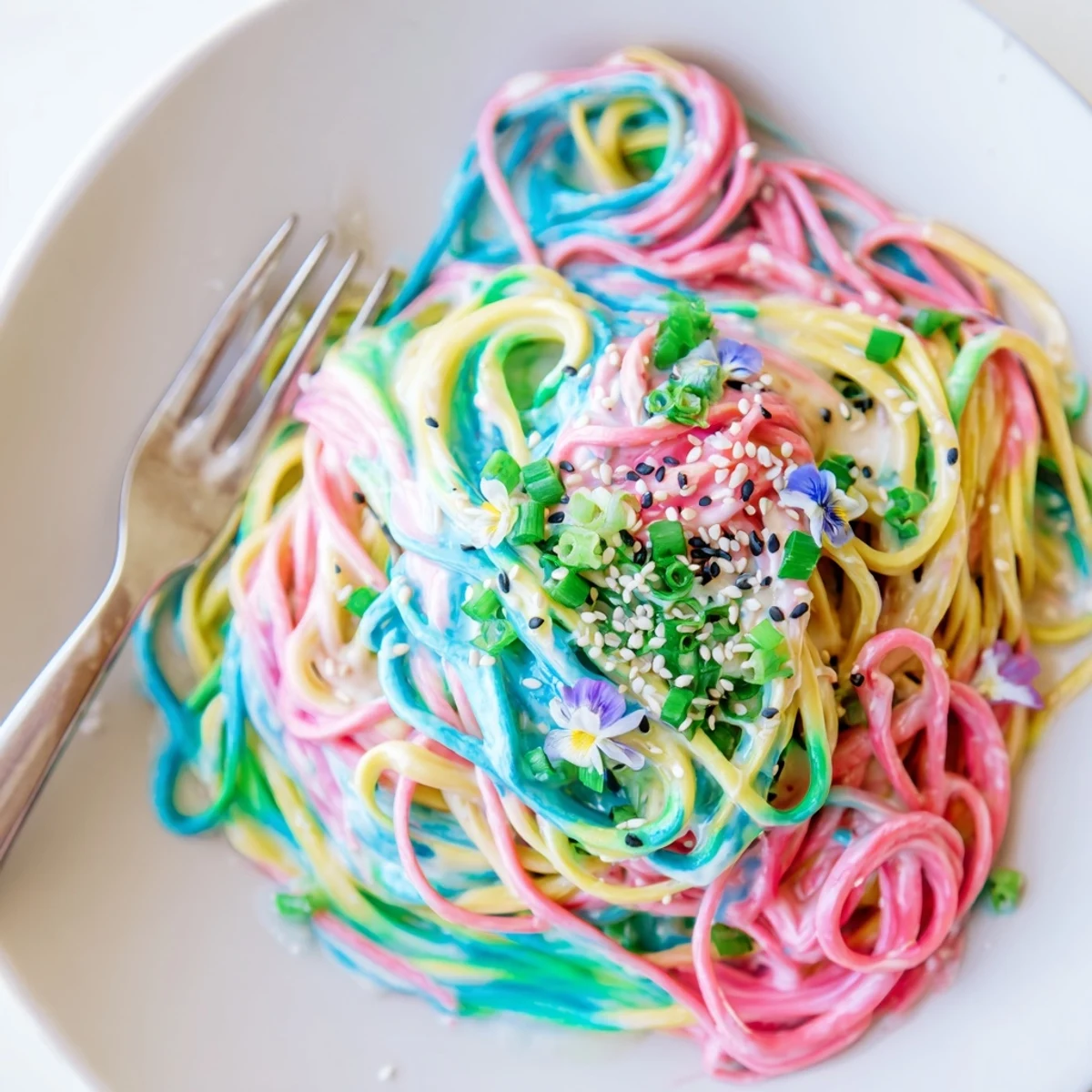 A vibrant Neon Noodle Cloud served in rich, creamy sauce and colorful hues.  