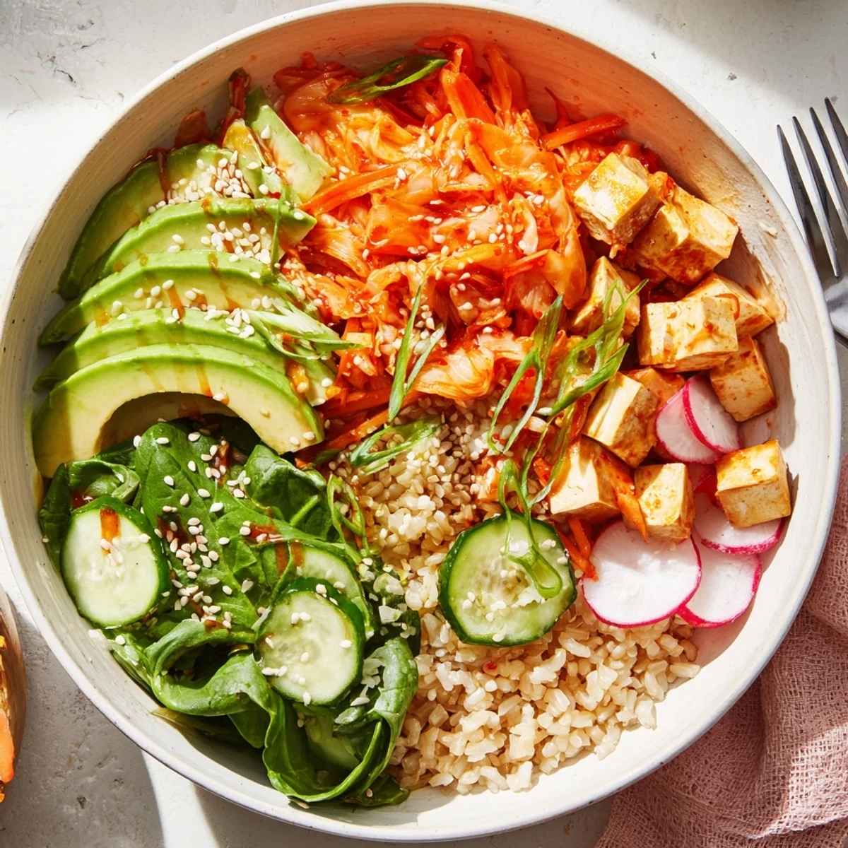 Colorful fermented vegetable bowl topped with spicy kimchi and fresh avocado slices. 
