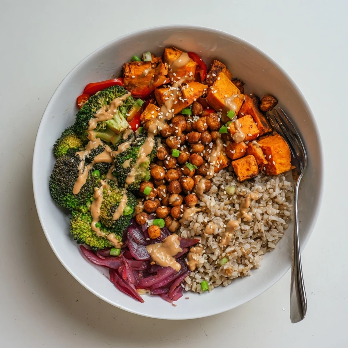Delicious Bold Sauce Drizzle Bowls featuring crunchy vegetables and rich miso-butter sauce.