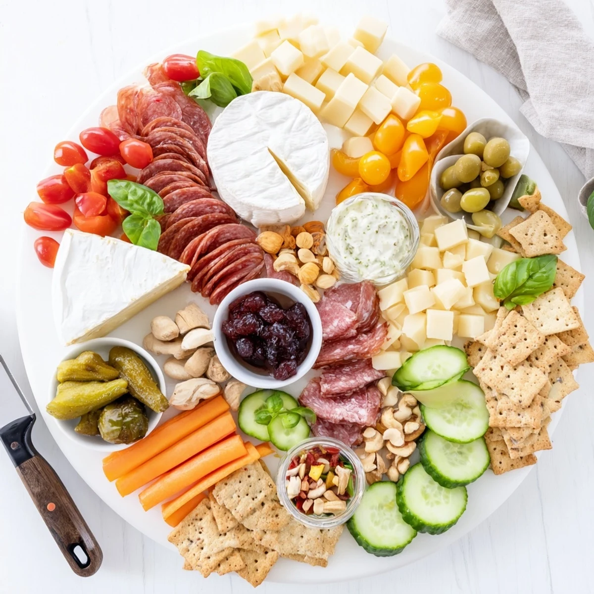 A beautiful Girl Dinner Platter loaded with colorful cheeses, fruits, and dips.