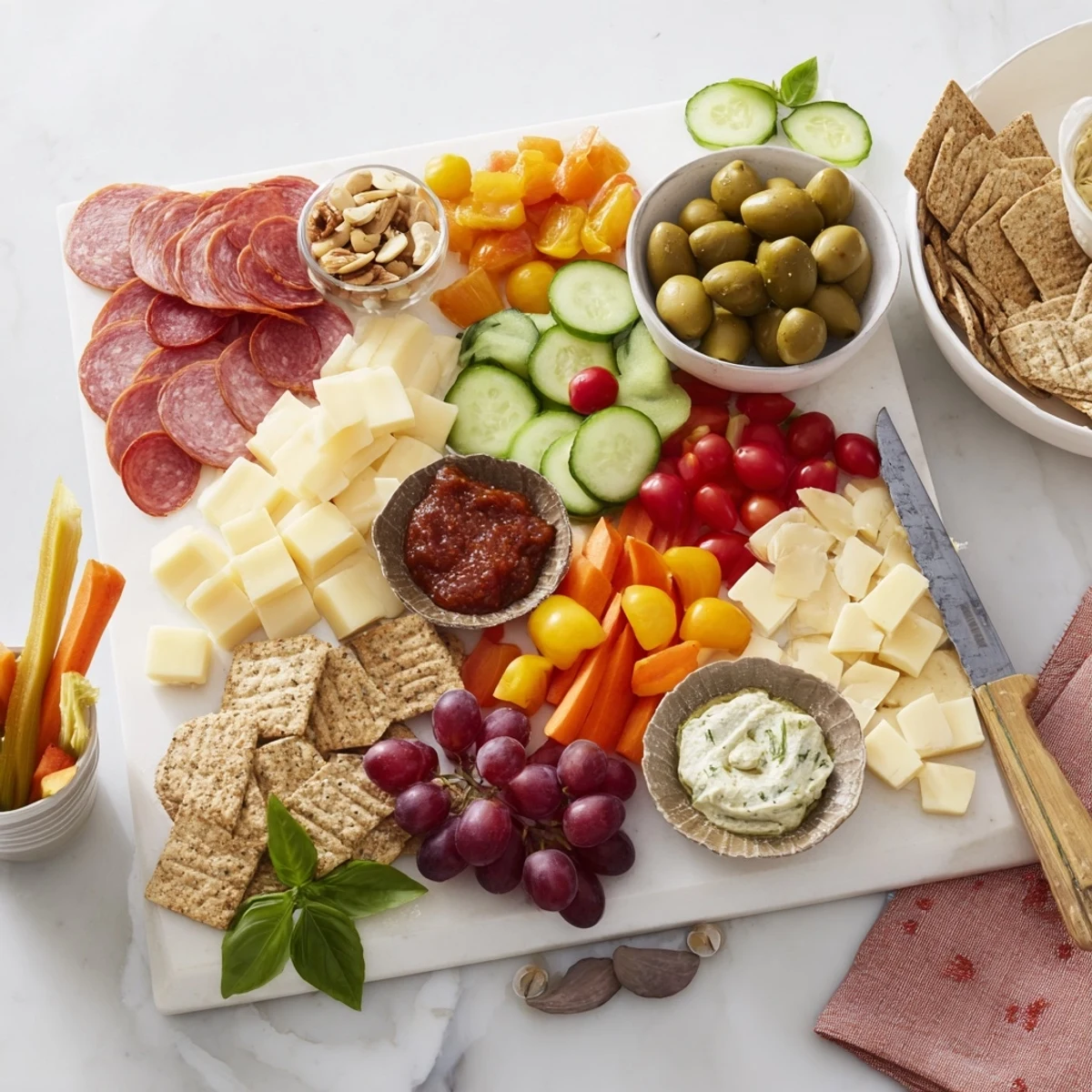 Enjoy a vibrant Girl Dinner Platter featuring fresh veggies and artisan cheeses.