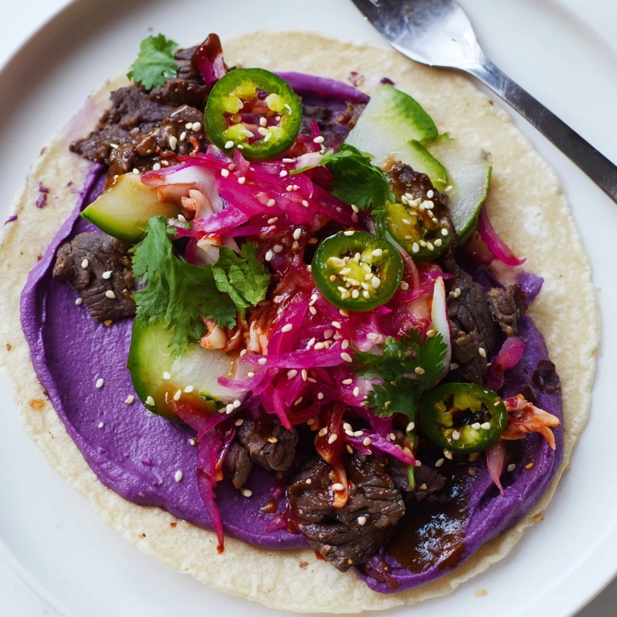 Vibrant Global Street-Food Fusion Tacos topped with colorful ingredients on a rustic plate.  