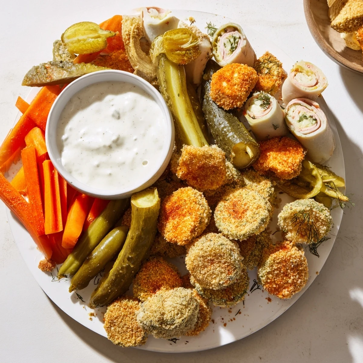 Tangy pickle-wrapped bites and assorted pickled vegetables on a vibrant serving platter.