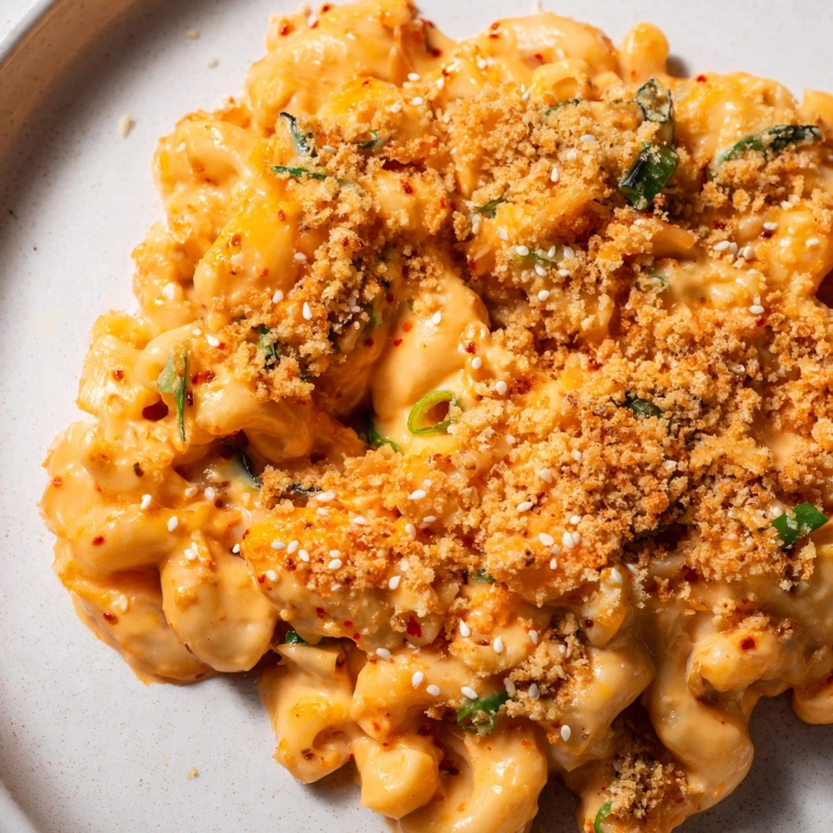 Bubbling Spicy Kimchi Mac & Cheese served in a rustic dish, ready to devour.