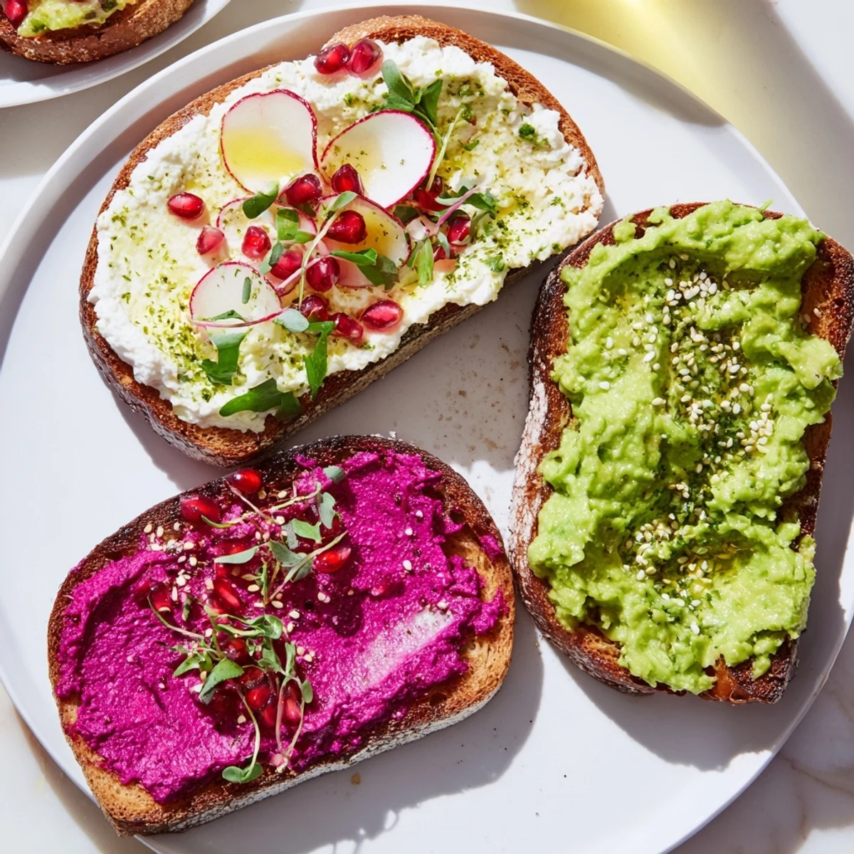 Vibrant and colorful Bright & Bold Breakfast Toasts topped with ube and avocado.  